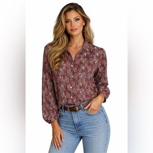 Vintage Paisley Button Up Blouse Boho Retro Long Sleeve Top Size L Relaxed Fit